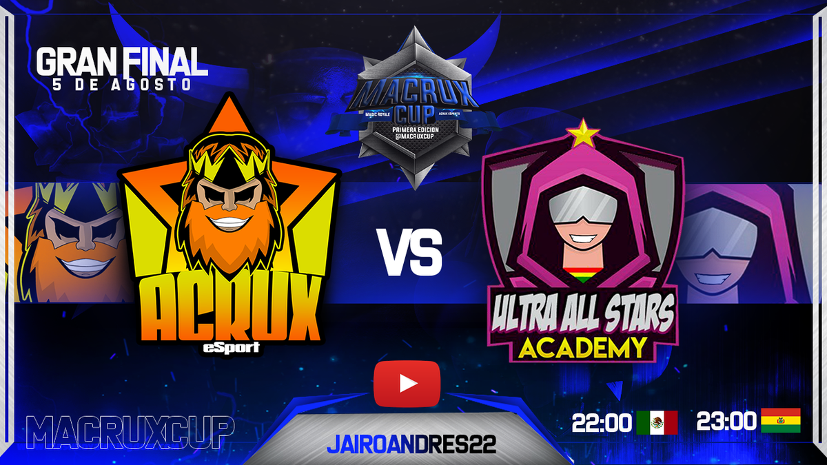 [#FinalMacruxCup]⚔️
GRAN FINAL por la primera edición de la <a href="/MacruxCup/">MacruxCup</a>!!!
Gran Enfrentamiento <a href="/Acrux_eSport/">Acrux eSport</a> vs <a href="/UltraAcademy/">Ultra Academy</a> 22:00🇲🇽 23:00🇧🇴
⚔️⚔️⚔️🔝