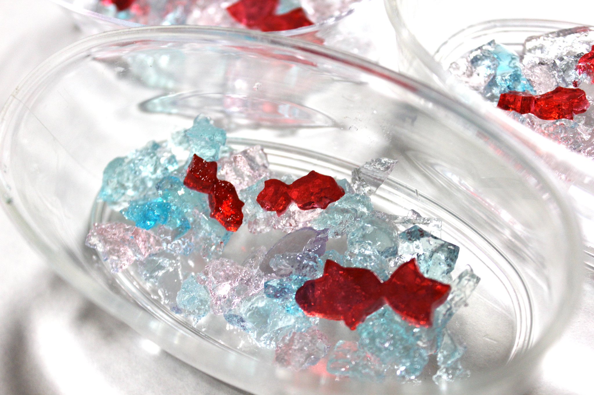 かのたん En Twitter ゼリー液をいれる前の方がキラキラしてて綺麗なんだよね キラキラは型抜した琥珀糖の切れ端の有効活用 いろいろ試してイメージどおりの金魚ゼリーになるように頑張るぅー 琥珀糖 ゼリー 金魚
