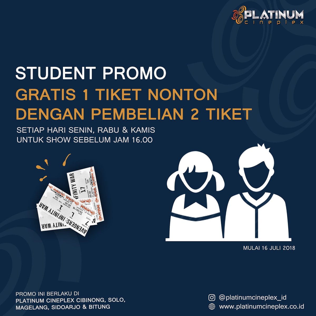 Khusus buat kamu yang masih sekolah (Maksimal Kelas 12 SMA/SMK), ada promo STUDENT PROMO yang bisa kamu manfaatin yes!

Cukup dengan menunjukan kartu pelajar kamu yang masih aktif, kamu bisa dapetin tiket BUY 2 GET 1 FREE!!!!
Syarat dan Ketentuan Berlaku.