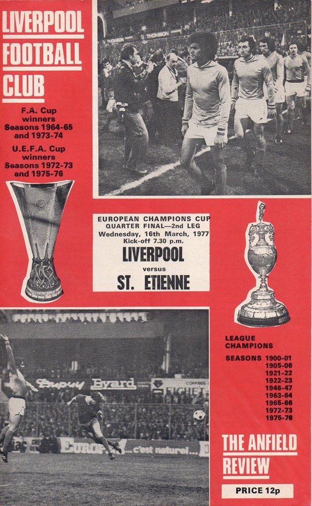 ClasicProgramme's tweet photo. 16 Mar 1977 Anfield
Liverpool 3-1 St Étienne
European Cup 3rd round 2 Leg
Attendance: 55,043
Goal Scorers: 
Liverpool - Keegan 2', Kennedy 59', Fairclough 84. 
St Étienne - Bathenay 51'. https://t.co/h5M49snP8R
