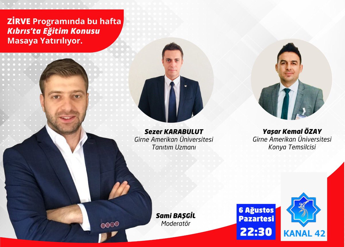 ZİRVE programının bu haftaki konukları GAÜ Tanıtım uzmanı Sezer Karabulut ve GAÜ Konya temsilcisi Yaşar Kemal Özay olacaktır. 
ZİRVE 6 Ağustos Pazartesi saat 22.30 da KANAL 42 ekranlarında