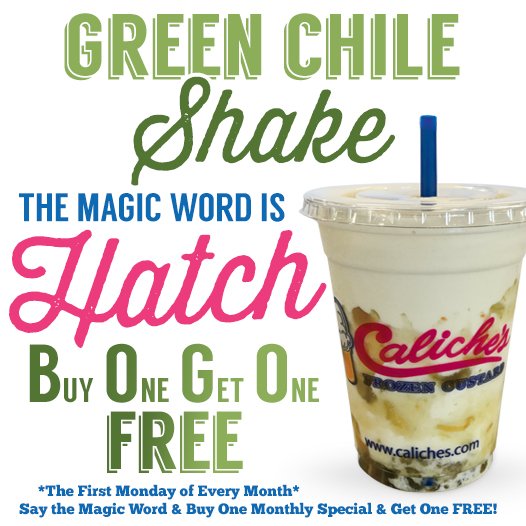 Caliches's tweet photo. Buy One Get One FREE Green Chile Shake at Caliche's Frozen Custard!
#MWM #MagicWordMonday #Caliches #ILoveCaliches https://t.co/auTpQK172c https://t.co/pHIRNXmkxl