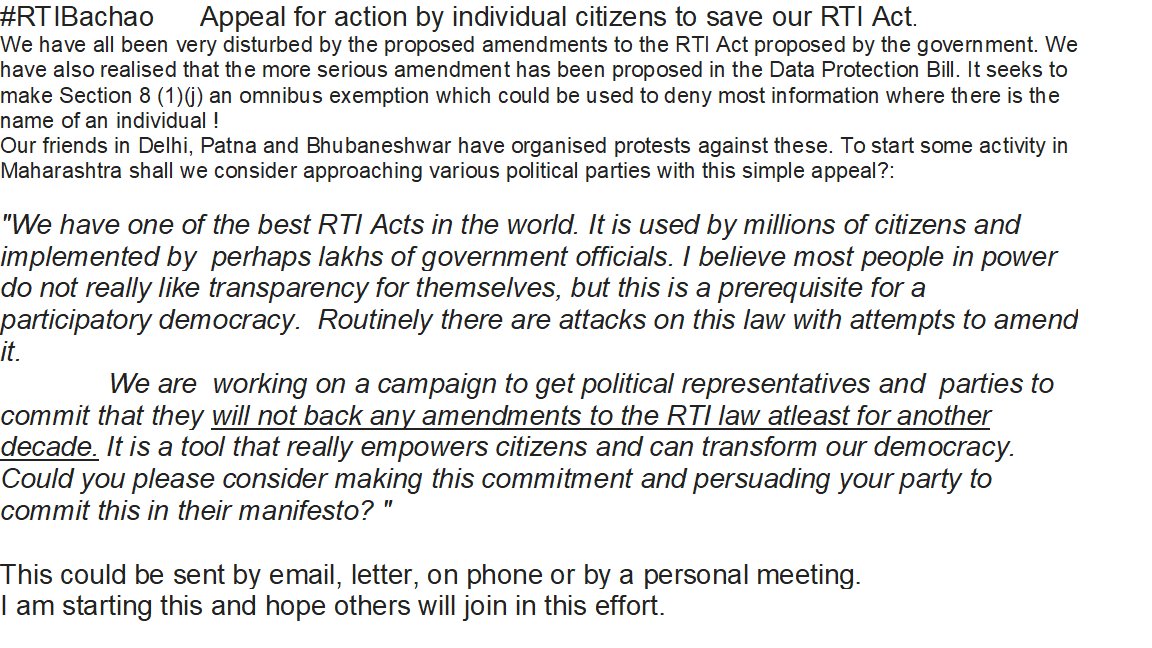 #RTIBachao A call for Citizen Action to persuade political leaders and parties to defend our RTI Act
