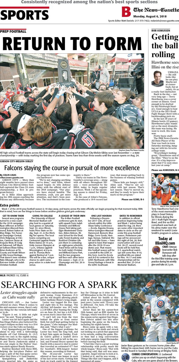 ngpreps's tweet image. Monday's N-G sports cover features @clikasNG on the start of @IHSA_IL football practice across the state and how @GcmsFalcon plans on defending its 2017 Class 2A state title. Plus, @BobAsmussen catches up with former #Illini @TerryHawthorne1 and @ngphotostaff.

@APSE_sportmedia