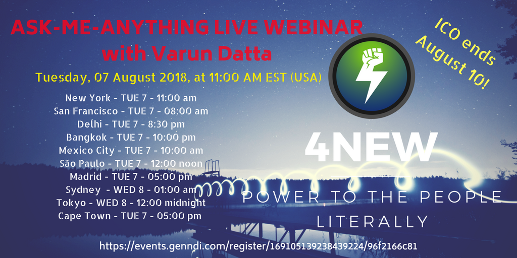 4newcoin's tweet photo. 4NEW AMA Webinar Tue 07 August at 11am EST
Register at https://t.co/tCvxn1ONGG
End of ICO August 10! https://t.co/N1YribD9qZ https://t.co/BwEZ6Tj2aw