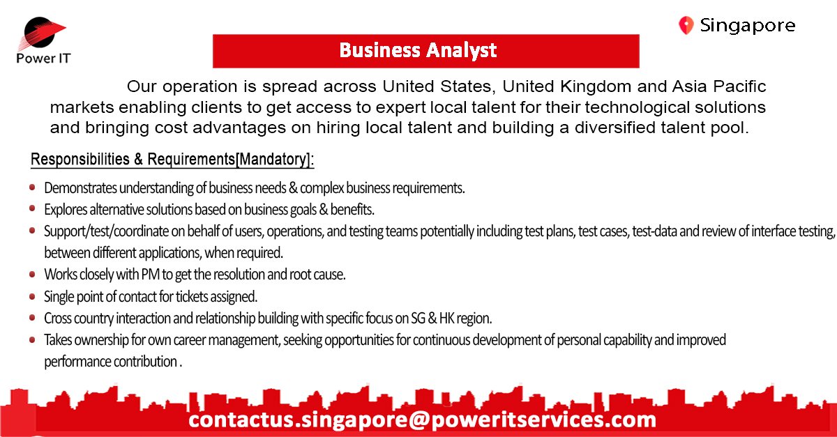 PowerITsg's tweet photo. Excellent Opportunity for 7 Years Experienced Business Analyst to work in Singapore. For more details send us your resume to contactus.singapore@poweritservices.com
#Powerit #ITjobs #Singapore #BusinessAnalyst https://t.co/4l2CmyX0mO