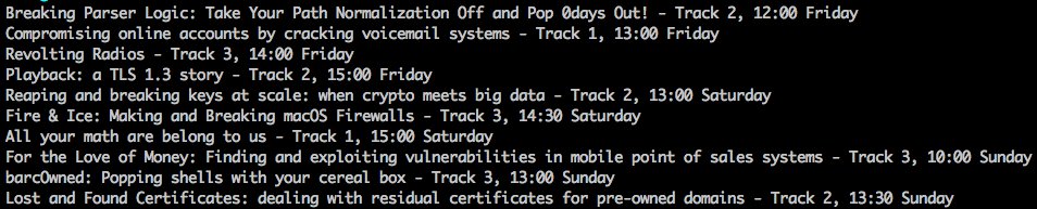 bcrypt's tweet image. having reviewed all ~550 @defcon talks over the course of a hellish 4 months, here&apos;s the 10 that i&apos;m most stoked to see: