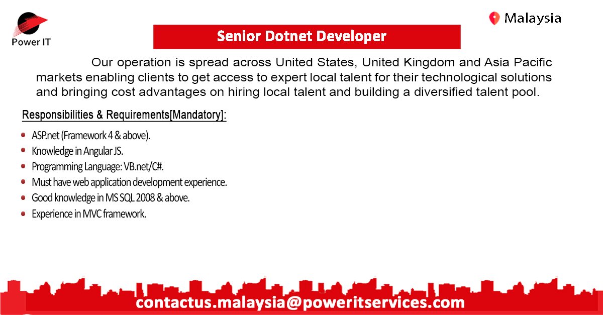 Poweritmalaysia's tweet photo. Wonderful Opportunity for 6+ Years Experienced Senior Dotnet Developer to work in Malaysia. For more details send us your resume to contactus.malaysia@poweritservices.com
#Powerit #ITjobs #Malaysia #Dotnet #Developer https://t.co/M4XHwIgUHT