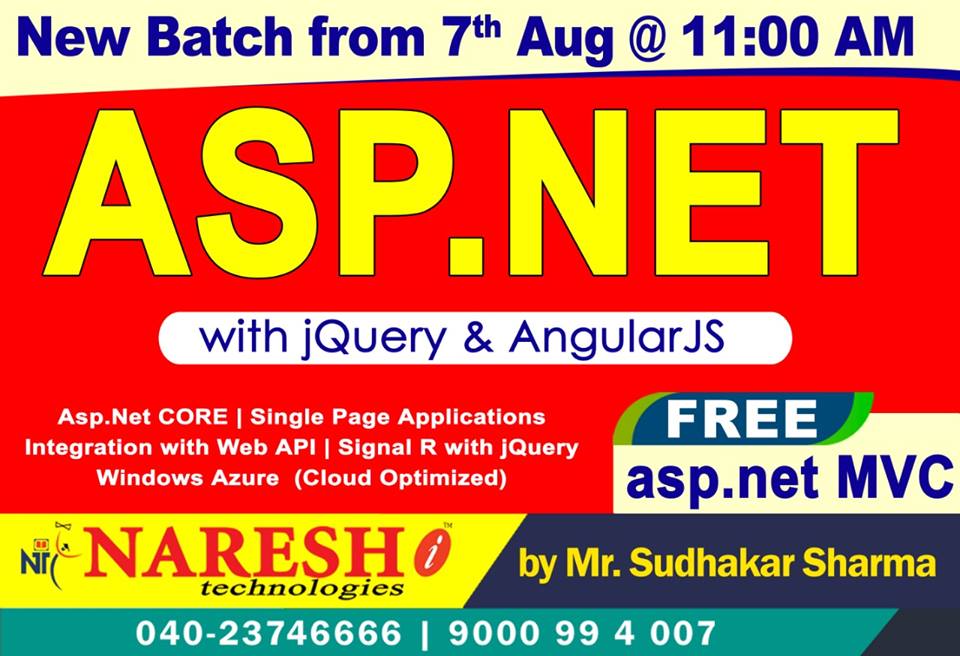 nareshitech's tweet image. Learn Asp.Net with #jQuery &amp;amp; #AngularJS by Mr. Sudhakar Sharma from 7th Aug @ 11:00 AM
Course Content: nareshit.in/asp-net-mvc-tr…
#AspDotNetMVCTraining