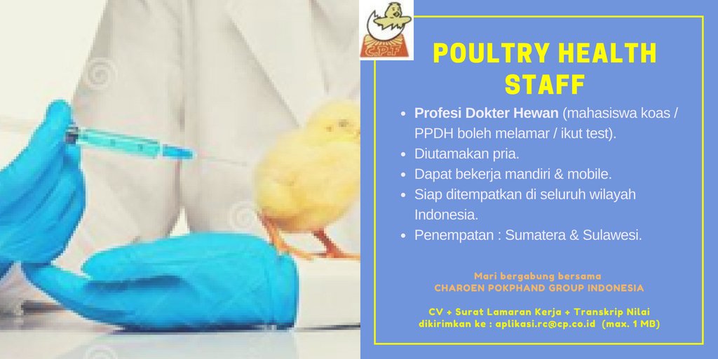 #Loker @ CHAROEN POKPHAND : Poultry Health Staff buat Dokter Hewan, diutamakan pria. Mahasiswa koas/PPDH boleh melamar/ikut test. Kirimkan CV + Surat Lamaran Kerja + Transkrip Nilai ke : aplikasi.rc@cp.co.id (max. 1MB)