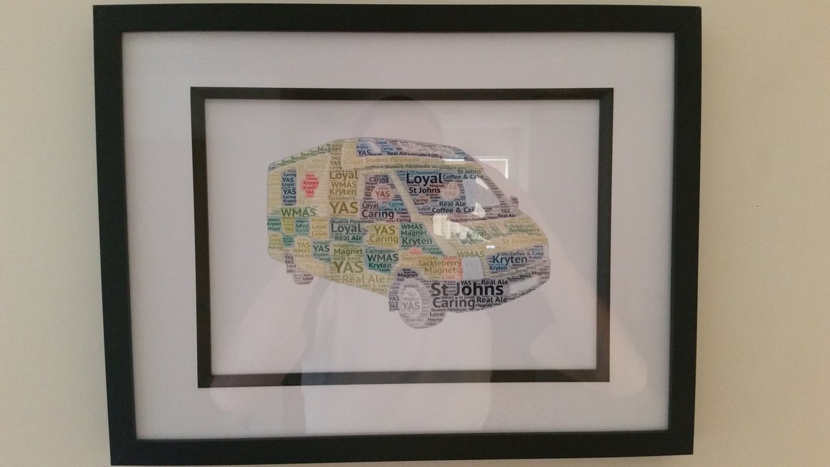 YAS_JohnM's tweet photo. Wowee what a busy weekend haven't had chance to tweet. My last @YorksAmbulance on friday flew past. 
Got this fantastic word art picture as part of my leaving present. I may have had a bit of dust in my eye when my work mum Wendy gave it to me. https://t.co/Ky4zZFYagA