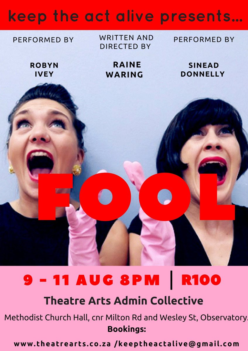 warraine's tweet photo. If you missed us the first time, we are back! @TheatreArtsCT  AGAIN 9- 11th Aug @8pm 
R100 at the door.  Fool, an original play uncovers the juicy, secrets of a marriage and the catastrophic turn of events that happen when things go a little pear shaped. https://t.co/jjVMhpIzoU