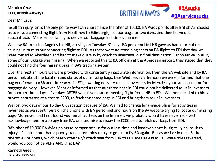 DigitalTweed's tweet image. Our British Air experience flying to Scotland was terrible: missed a connecting fight because of bad info from BA personnel, plus missing baggage for several days. We had to hire a private contractor to pick up our stuff in Edinburgh and bring it to us in Inverness.  #BAsucks