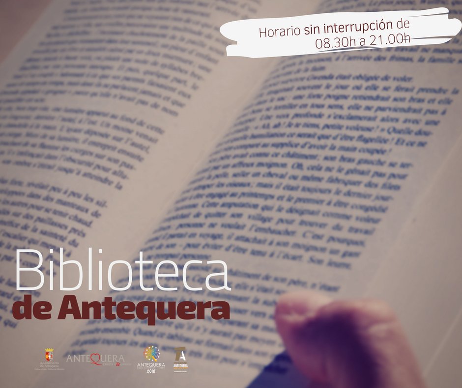 BibliotecaATQ's tweet photo. Comienza una nueva semana, y recordamos que la casa de las letras de #Antequera tiene horario sin interrupción. DE 08.30h a 21.00h te atendemos en todo aquello que necesites. #AgostoConLibros https://t.co/oYfF5JCU1F