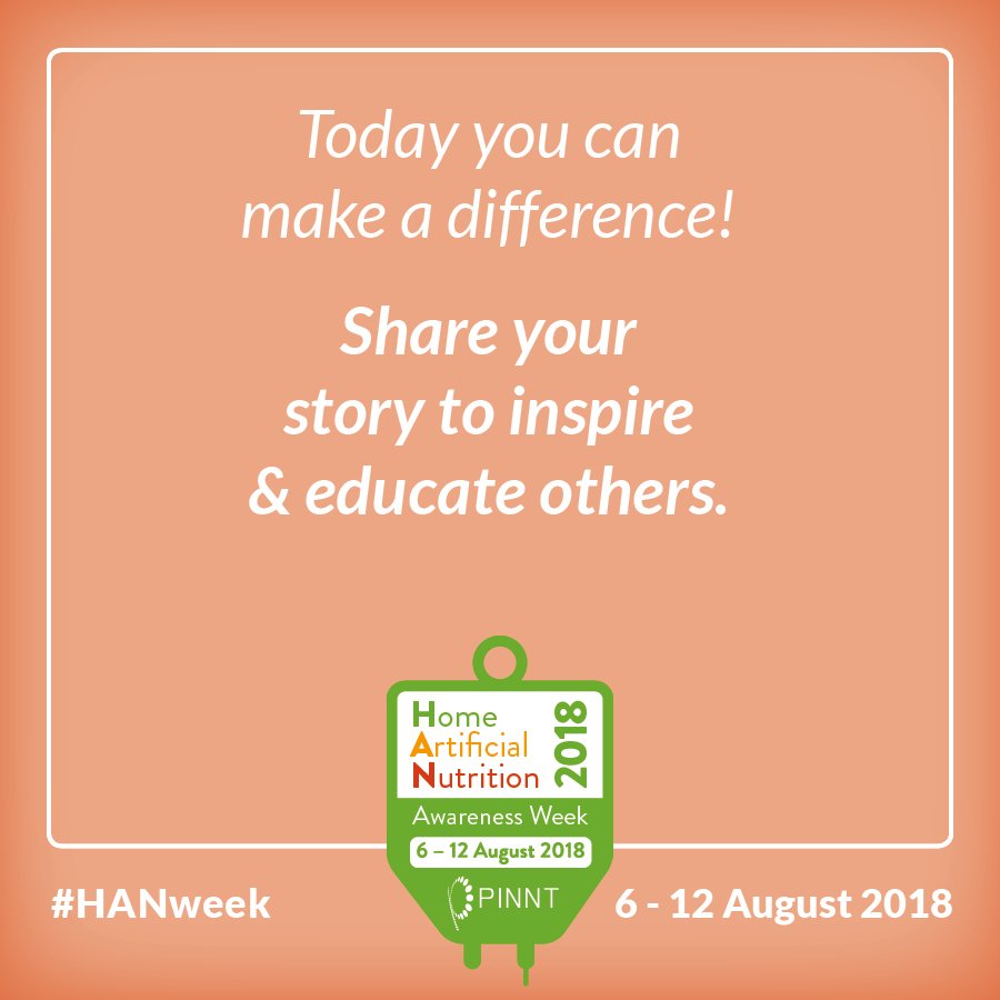 PINNTCharity's tweet photo. Welcome to the start of #HANweek 💚 consider sharing your story, patient, carer, HCP, industry - how are you connected to HAN 😀 HAN is positive for many but not all, we respect the individual journey #enteral #parenteral #oralsupplements It's going to be a busy day 💚 https://t.co/hpfc6MaUOE