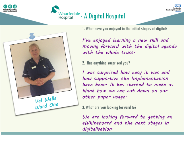 DitLeeds's tweet photo. @LeedsHospitals Val Wells Senior Sister Ward One reviewing the Initial week of electronic observations for the Digital Hospital @Wharfedale_Hosp. Great work #ImpTeam showing the values of #empowerment #collaboration for #patientcentred #digitalhealth. The #LeedsDigitalWay! https://t.co/mbsp4CDzhS