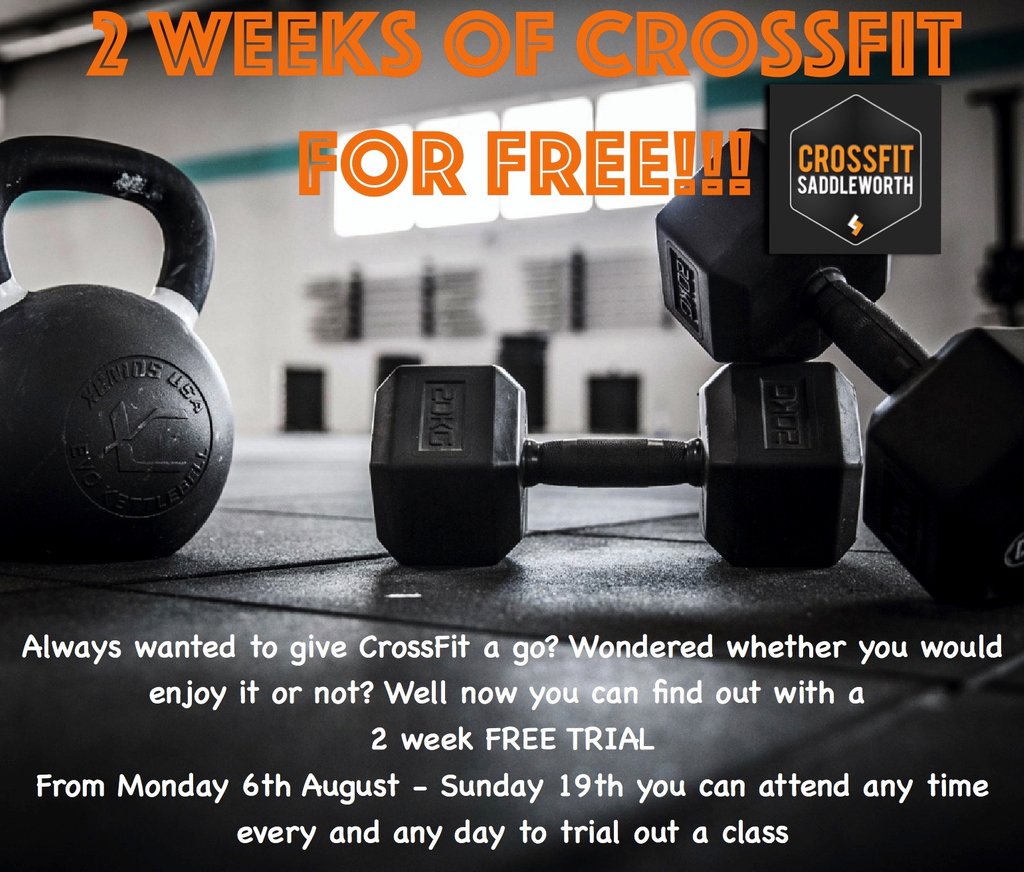 2 weeks of FREE CrossFit starts TODAY. Come along to every and any class you can make over the next 2 weeks.Get a taste of what CrossFit is all about and then become a team mate at CrossFit Saddleworth

#crossfit #saddleworth #crossfitsaddleworth #lock32 #saddleworthgym #diggle