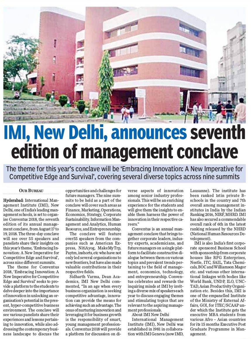 IMINewDelhi's tweet image. With a goal to help students dig deep into the importance of innovation. #IMINewDelhi announces the 7th edition of its annual #ManagementConclave, from the 17th to 19th August, 2018.
Read more about the event here.
Courtesy- @thehansindiaweb #Conventus2018