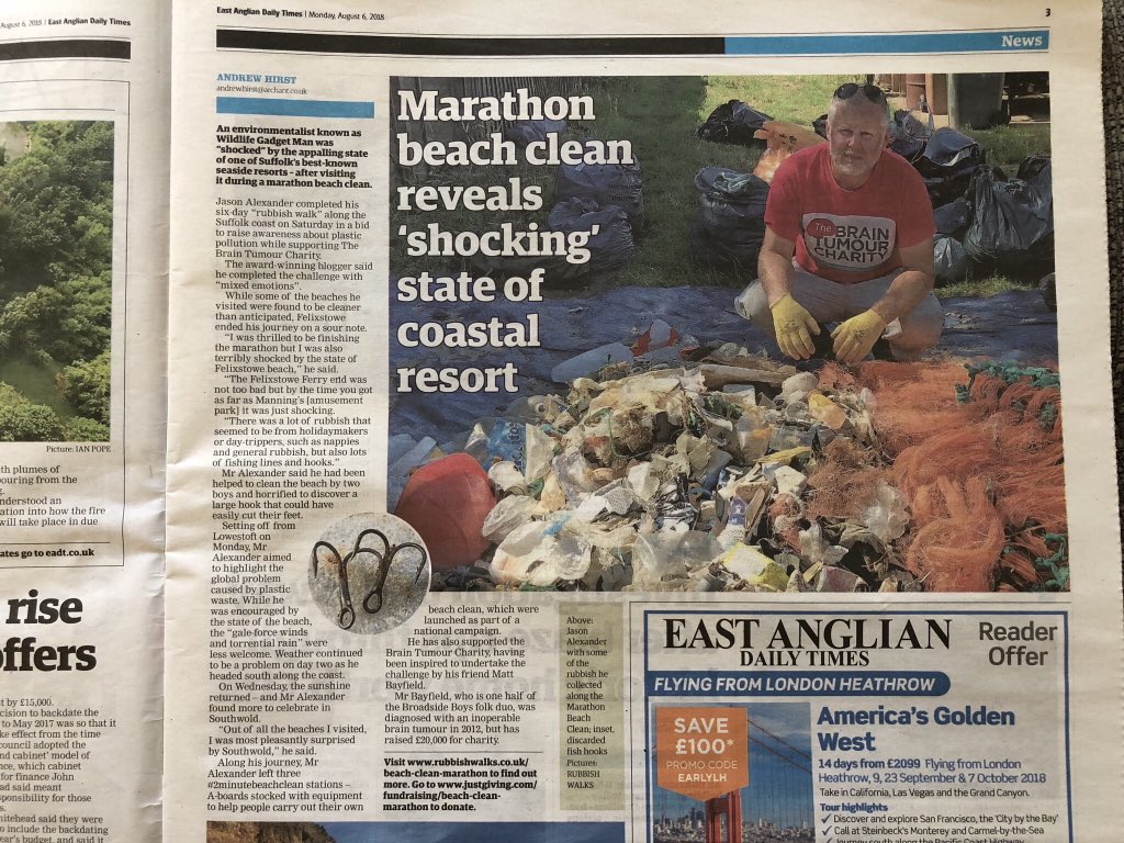 UKrubbishwalks's tweet photo. It’s been a busy week! Lots more info, pics and video to share from my #BeachCleanMarathon. Great feature in the @EADT24 today. Chatting to @bbclook this afternoon. #myplasticpromise https://t.co/fOKkmBtmhd