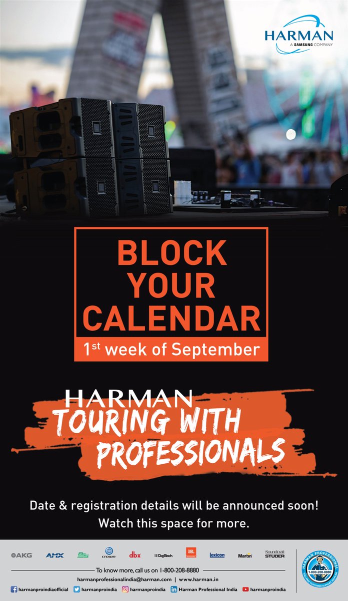 HarmanProIndia's tweet photo. It’s the ‘Touring with Professionals’ time of the year again, folks! Watch this space for more details on the date and the registration details. #touringwithprofessionals #harmanprofessionalsolutions #harmanproindia #jblprofessional #crownaudio https://t.co/4W0nPnAFVk