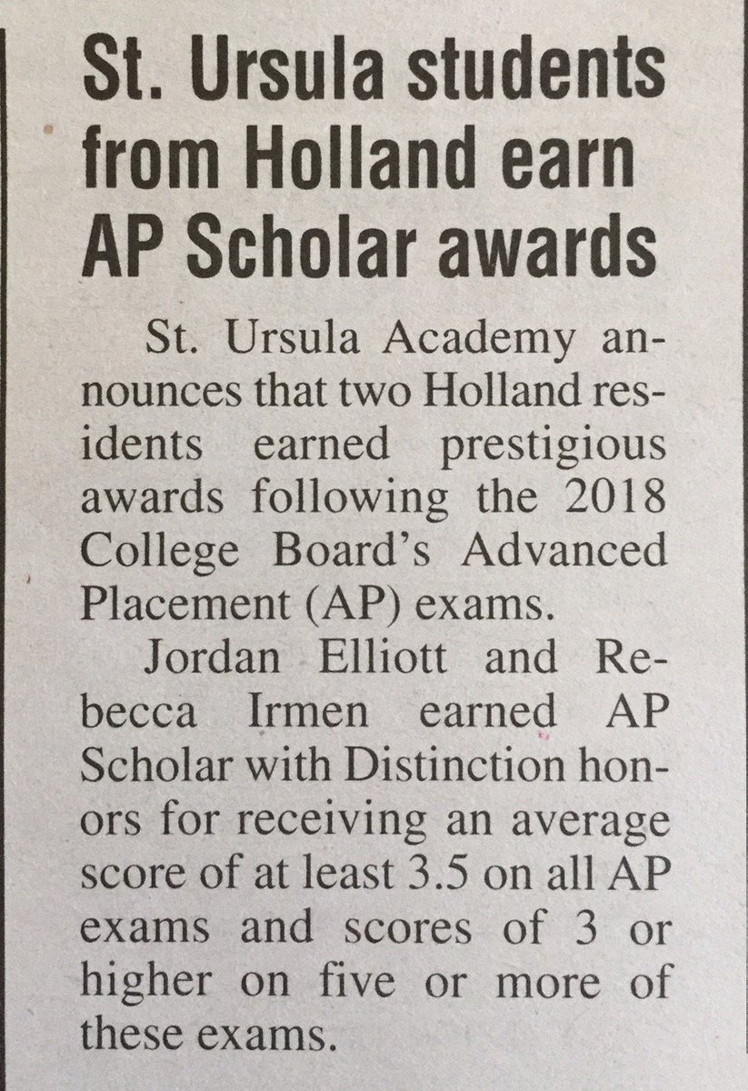 Elliottmarkc's tweet image. Congratulations to my daughter @jordannelliott receiving the prestigious AP Scholar with Distinction award!  Published in Springfield Holland Journal via @suatoledo cc: @univofdayton #veryprouddad