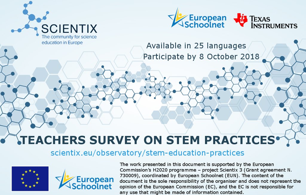 eu_schoolnet's tweet photo. .@scientix_eu invites teachers in secondary #education to contribute to a new multilingual #survey about #teaching practices in #STEM education. Get it here in your own language! https://t.co/5iVt7UYg4l #edchat #edctech https://t.co/leByDvc33O