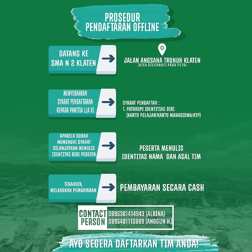 [Pendaftaran Offline Lomba Lintas Alam ke XI Pasada Zealous] 
1. Fotocopy identitas diri (KTP/ Kartu Pelajar/ Kartu Mahasiswa)
2. Uang pendaftaran sebesar Rp250.000,00 
More info:
Facebook: Pasada Zealous
Ig: pasadazealous
pasadazealous.org
Cp: 081364889192
#lombalintasalam