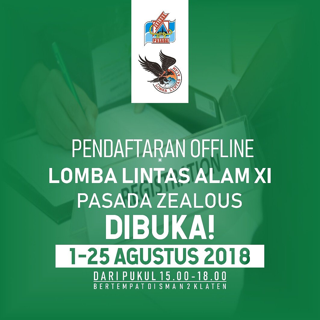[Pendaftaran Offline Lomba Lintas Alam ke XI Pasada Zealous] 
1. Fotocopy identitas diri (KTP/ Kartu Pelajar/ Kartu Mahasiswa)
2. Uang pendaftaran sebesar Rp250.000,00 
More info:
Facebook: Pasada Zealous
Ig: pasadazealous
pasadazealous.org
Cp: 081364889192
#lombalintasalam