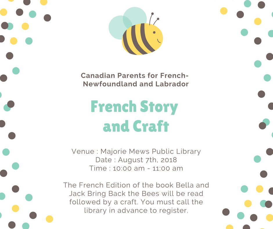 Join Canadian Parents for French for a fun filled Story and Craft in French <a href="/marjoriemews/">MarjorieMewsLibrary</a> tomorrow. We will be reading a story followed by a craft.  🐝 See the poster for details.