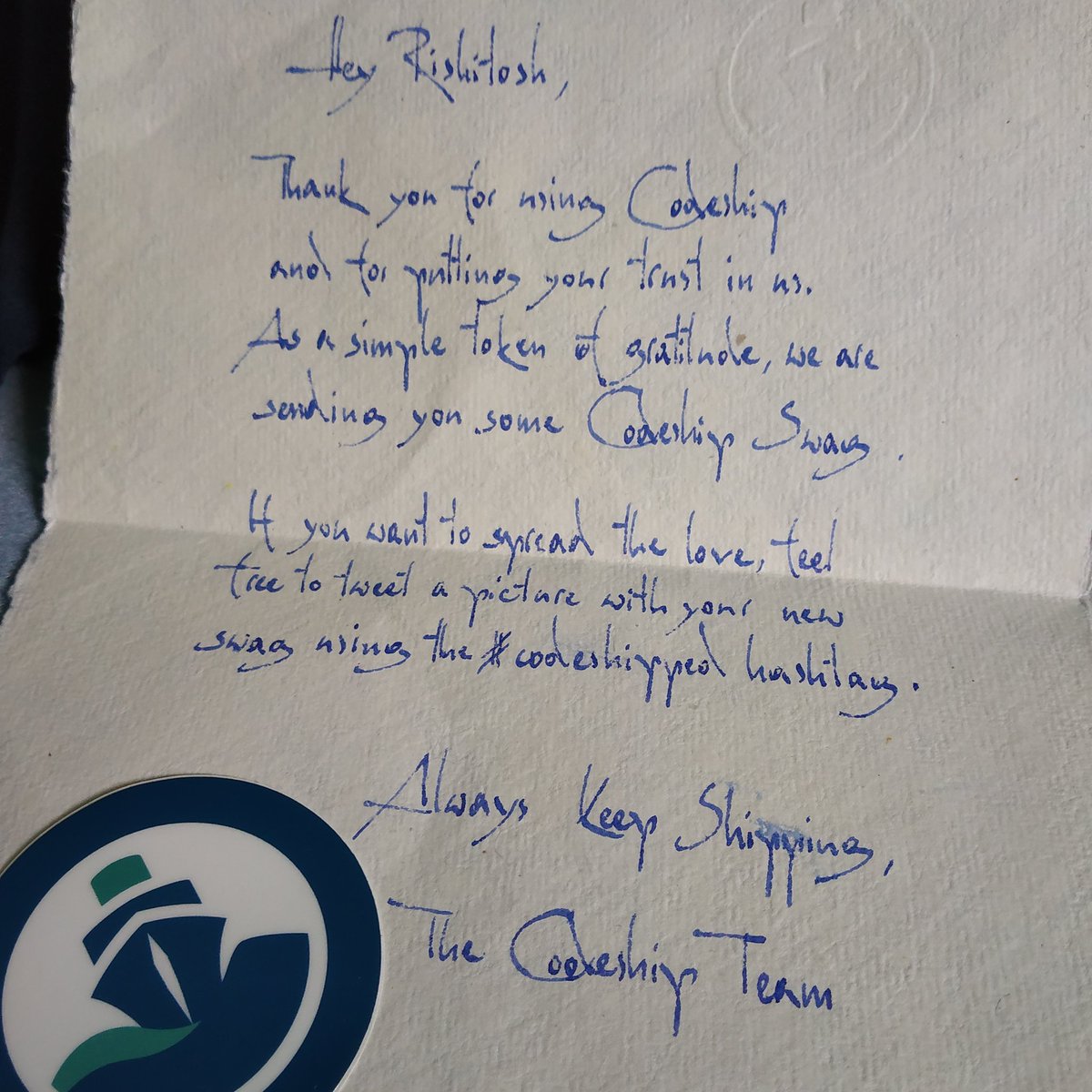 RishitoshS's tweet photo. Just received the codeship swag!!
#codeshipped https://t.co/nogP5U4xGH