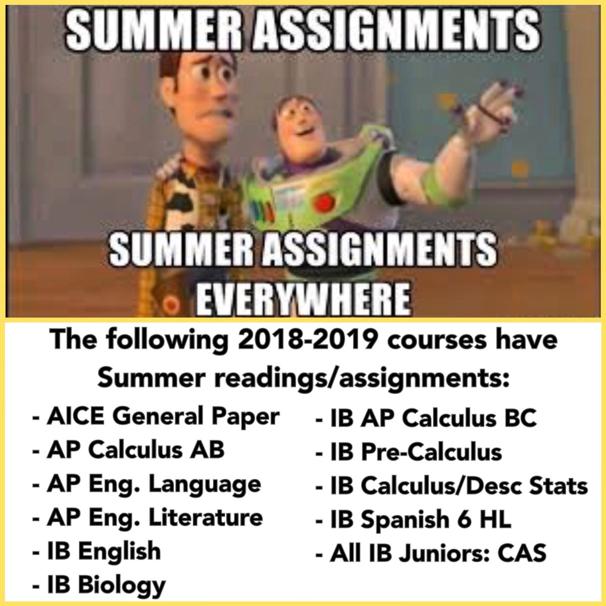 Reminder to students taking AICE, AP, \u0026/or IB classes this year. There is  one more week before school begins, so be sure to complete the Summer  reading/assignment for your class(es) if you, image size:1200x1200