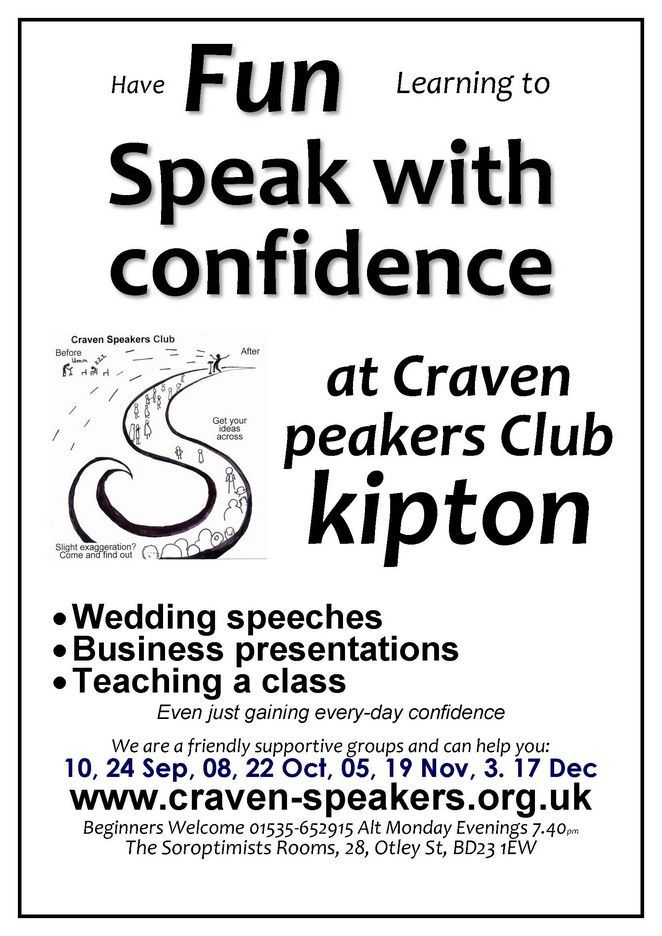 CravenSpeakers's tweet photo. Instead of evening class this autumn term at Skipton, learn speaking skills at Craven Speakers Club - #Skipton https://t.co/3Hjm768p81 @cravencollege @cravenherald  #weddings #presentations #teaching #speeches #chairing - We can help https://t.co/PRjv8HXRJd