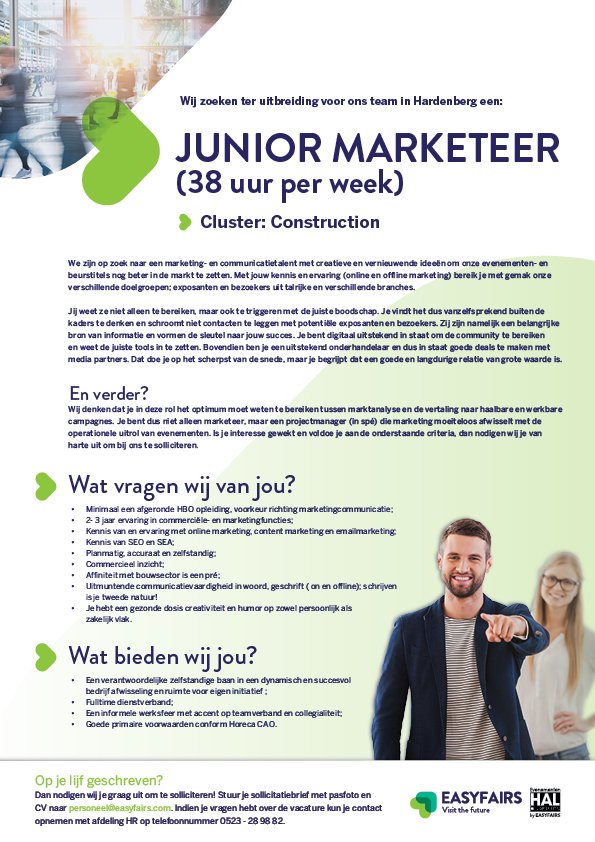 Ben jij een marketing- en communicatietalent? Lijkt het jou leuk om onze beurstitels nog beter in de markt te zetten? Dan nodigen wij je graag uit om te solliciteren: werkenbijeasyfairs.nl