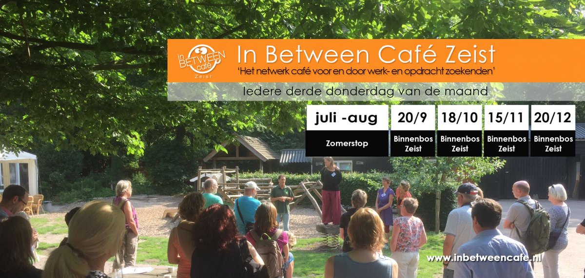 In Between Café Zeist heeft in augustus een korte zomerstop.
Op 20 september heten zij werk- en opdrachtzoekenden weer van harte welkom!
Kijk op inbetweencafe.nl voor eventuele alternatieve locaties.