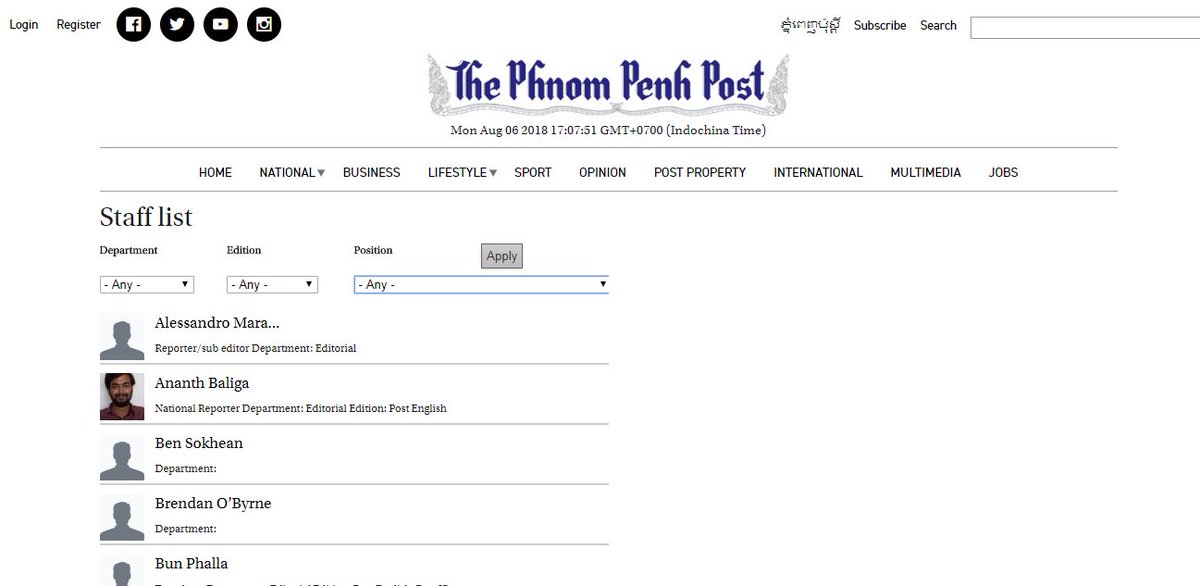 gavinyuck's tweet photo. In case no one noticed, @phnompenhpost's site has yet to change the Staff List. And ahm, if I were Tayseng, before releasing my face on the printed versions as the new owner, I'd first edit what's on the site. Unless... in reality, he's not the real owner. 

#Cambodia https://t.co/2V4KVwhr22