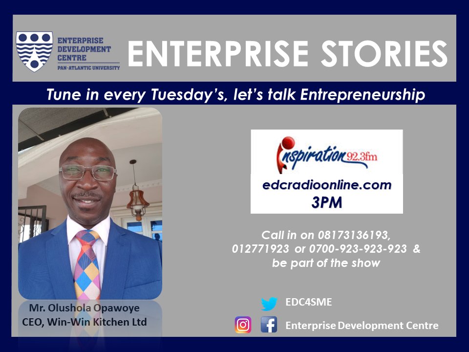 EDC4SME's tweet photo. This Tuesday on #EnterpriseStories, we will feature Mr Olushola Opawoye CEO, Win-Win Kitchen Ltd. on @IFM923 by 3pm where he will be telling us the story of how his company pioneered the production of frozen pastries which client base has grown tremendously... #MondayMotivation https://t.co/64AWaOxXsL