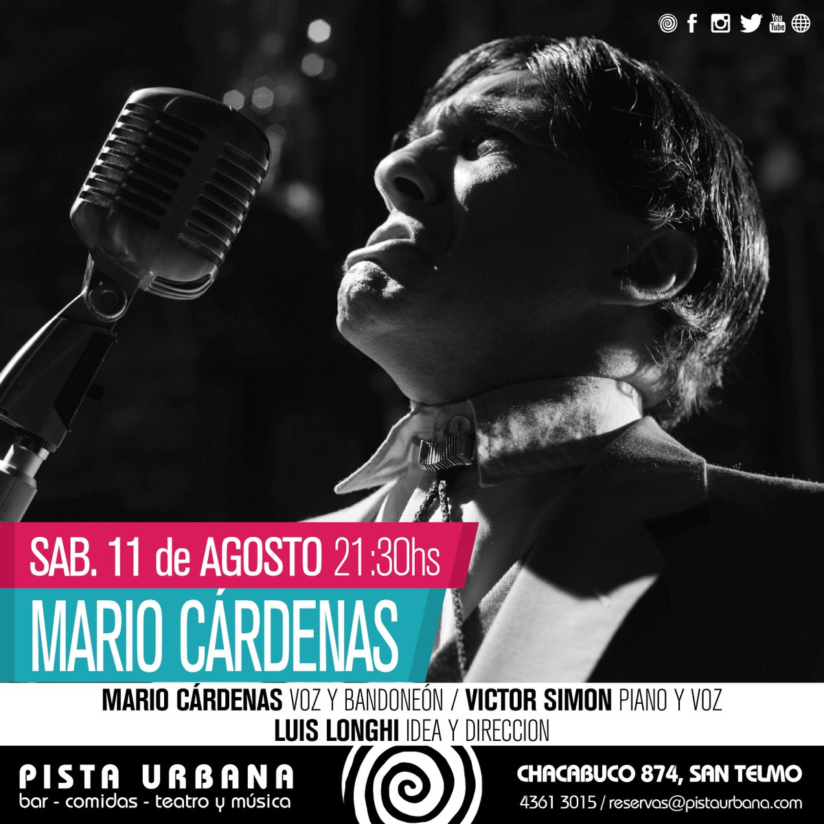 Vuelve MARIO CÁRDENAS!!!
Una experiencia tanguera que nunca vas a olvidar
Sábado 11 de agosto, 21:30 en <a href="/pista_urbana/">Pista Urbana</a> 
Reservá ya al 43613015 o reservas@pistaurbana.com 
youtube.com/watch?v=GBg69X…
<a href="/Diftango/">Difundiendo Tango</a> <a href="/TodiTango2012/">PERUGIA TANGO FESTIV</a> <a href="/MarianaFoss/">Mariana Fossati</a> <a href="/luistarantino/">luis tarantino</a> <a href="/FesTangoFlores/">Festival de Tango de Flores</a> <a href="/festivaldetango/">Festival Tango Stgo</a>