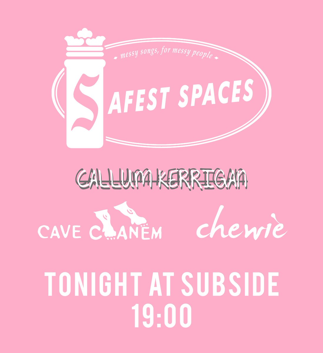 TONIGHT AT <a href="/SubsideBar/">SubsideBar</a>! Catch emo duo @Safest_Spaces and <a href="/CKerrigan_Music/">Callum Kerrigan</a> playing songs from their recent split with support from the amazing <a href="/cavecanemUK/">Cave Canem</a> and <a href="/ChewieBand/">Chewie</a>!