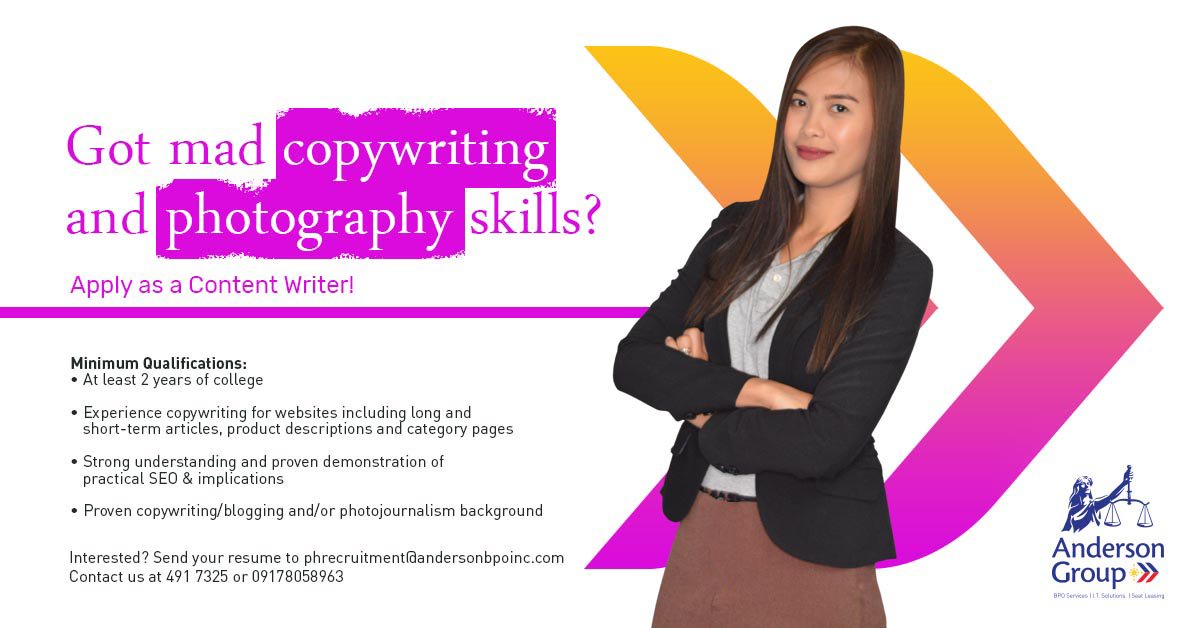 AndersonGroupPH's tweet photo. We need someone who's original and creative to join our team! Are you the one we're looking for?
Apply as a Content Writer and experience amazing benefits and perks. #hiring #career #recruitment #content #writer #marketing #AndersonDifference https://t.co/WAYIqz0jrM