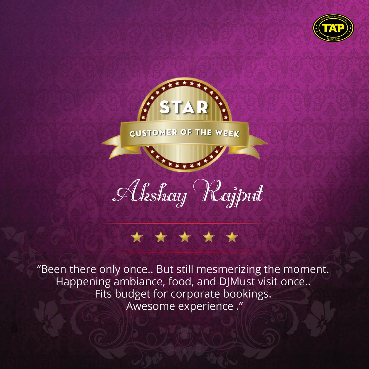 TAPRestorbar's tweet photo. Star Customer of the Week: Akshay Rajput

#Thankyou #Mumbai #Andheri #Guestreview #Happyguest #TAPRestobar #Gueststory #StayConnected #Hospitality #Restaurant #HappyCustomer #StarCustomeroftheWeek #CustomerReview https://t.co/mQj9658gsm