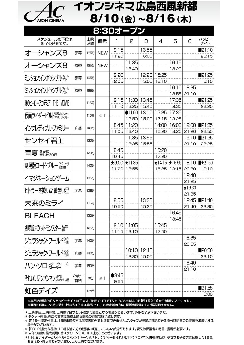 イオンシネマ広島西風新都 今週は早く出来ました お盆の上映時間です 新作は楽しみな オーシャンズ8 Ultira枠は初の3週連続固定で コード ブルー 週末ごとに1日のご来場者数を更新し続けている当館です お盆も賑わうことと思います ぜひ事前予約