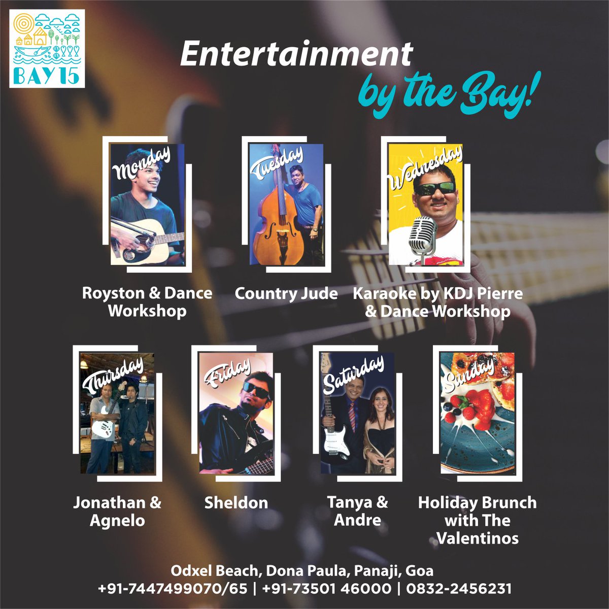 bay15cabanas's tweet photo. We've got your entertainment covered, every night at Bay15. Catch some of the best artists, Goa has to offer.
Call us on +91 7447499070/7447499065 to reserve your tables.
...
#Bay15 #DonaPaula #Goa #entertainmentbythebay #livesingers #livemusic #Dance #workshop #karoake #funtimes https://t.co/LdpXYuNwX6
