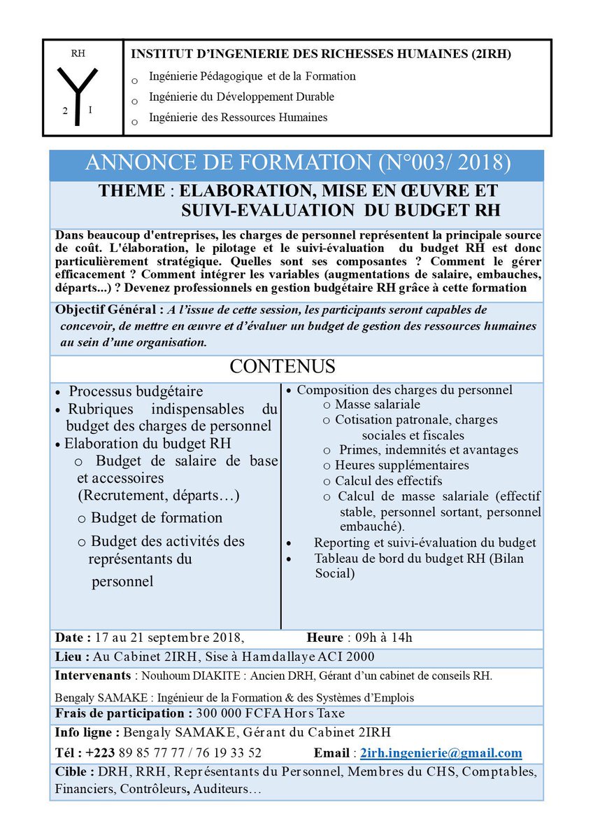 Formation:Élaboration,Pilotage et Suivi-Évaluation du Budget RH