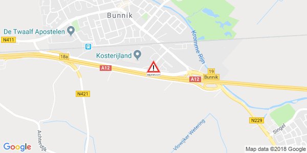 Weg afgesloten: A12 afrit Bunnik / N229/N411 (19). Brandend voertuig. wegstatus.nl/situationsnl/N…