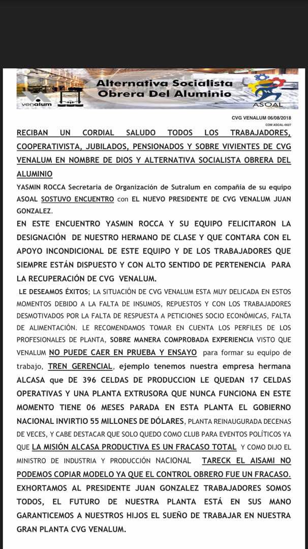 elescamoso1's tweet photo. Sr @TareckPSUV @TarekWiliamSaab Así será la desconfianza que existe en las industrias hermanas del Sector Aluminio #VENALUM q #Sutralum exigen al presidente Juan Gonzales no repetir los errores de #ALCASA, es la bodega de las mafias de cuello blanco #VENEZULELA @Zabayar #6AGO https://t.co/nOEFKByJ24