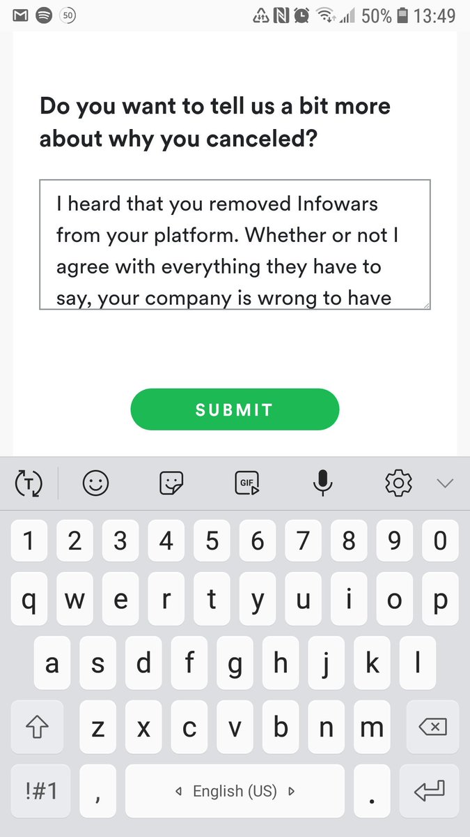 MissJenCarmen's tweet photo. I didn't know @infowars was on Spotify, but CANCELLED my premium account. Would rather resume my subscription to AJ et al than have my money go to companies who deplatform. https://t.co/7Whp8hgTwc