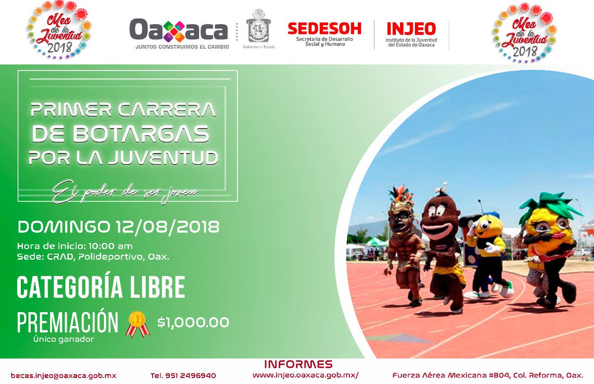 Injeo_GobOax's tweet image. Súmate a la Primer Carrera de Botargas por la Juventud 2018, este 12 de agosto a las 10:00 a.m. en el Polideportivo ¡Participa con nosotros y demuestra #ElPoderdeSerJoven! @alejandromurat, @GobOax,@IvetteMurat, @Yola_MartinezL, @SEDESOH_GobOax