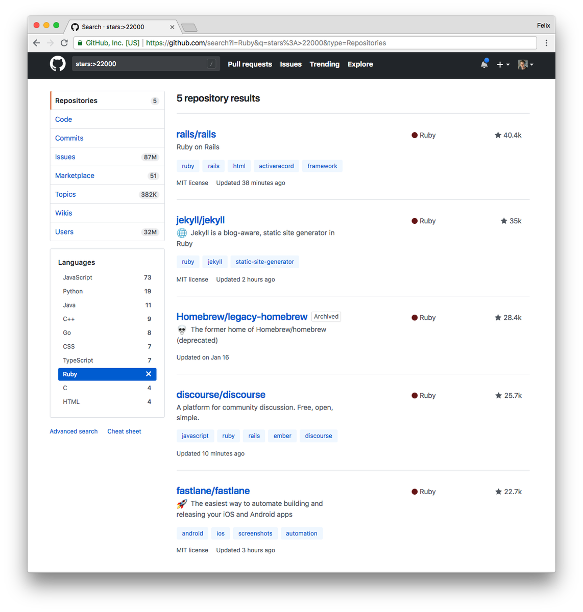 KrauseFx's tweet photo. fastlane is now the #5 most starred Ruby project on Github ✨📈 https://t.co/1kubtLaUwm