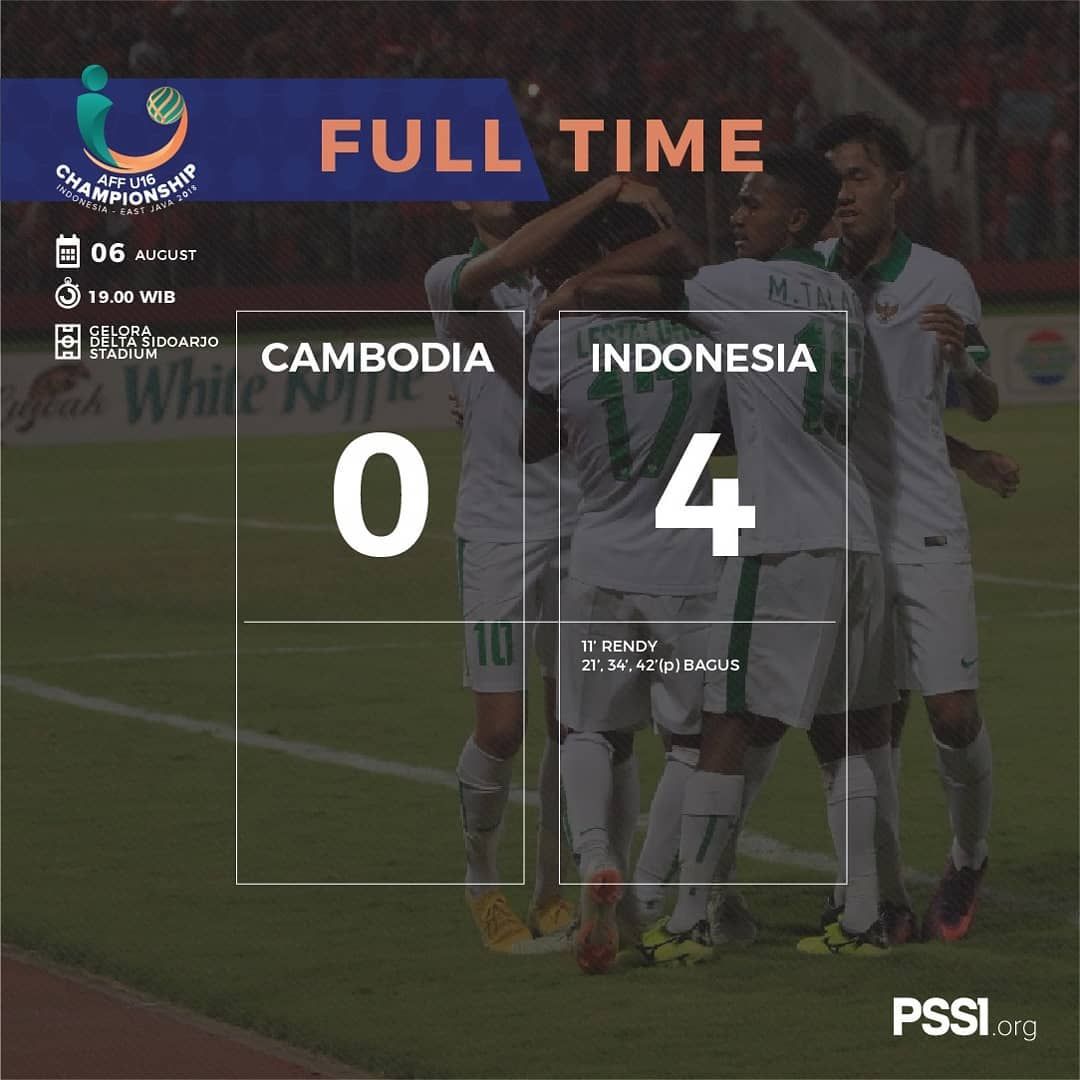 Hasil pertandingan AFF U-16 Championship 2018

#Kamboja 0-4 #INDONESIA

Bagus cetak Hat-trick! Indonesia raih poin sempurna pada fase grup AFF U-16 Championship 2018.

Komentar kalian?

#TimnasU16 #TimnasIndonesia #AFFU16 #PSSINOW #timnasday