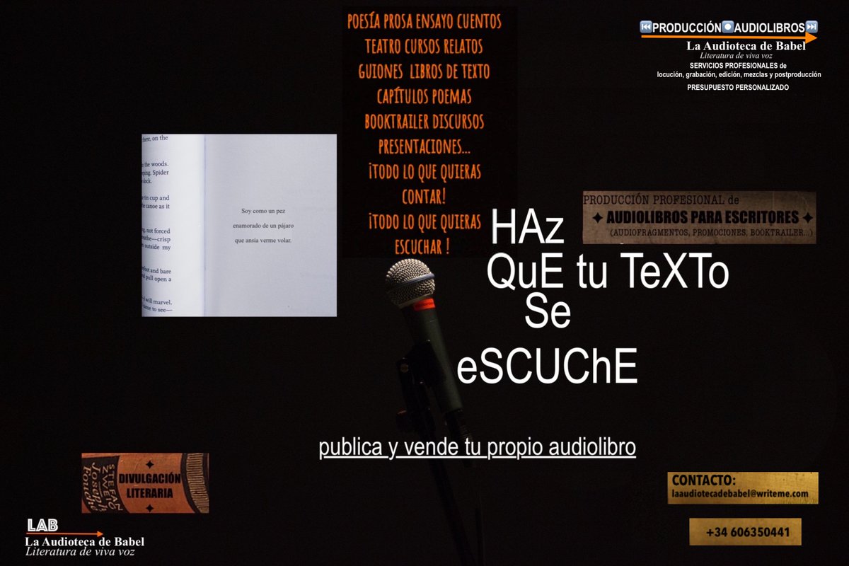 audioliteratura's tweet photo. 🎧#Audioliteratura📖
#audiolibrosparaescritores #Booktrailers #Videopoemas
Si eres autora, autor o editorial #hazquetutextoseescuche🎙
🗣#DaleVoz a tu blog o web con #audioRelatos #audioPoemas #audioCapítulos #audioFragmentos #audioSinopsis...
#PublicayVendeTuPropioAudiolibro👇🏽 https://t.co/9ywlErYaQE
